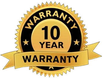 Gold 10-year warranty badge with ribbon